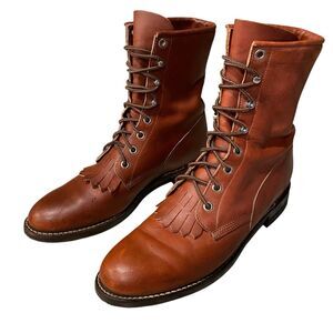 VTG Justin Roper Boots Women's 7B Brown Leather Lace Up Tassle Vibram Sole USA